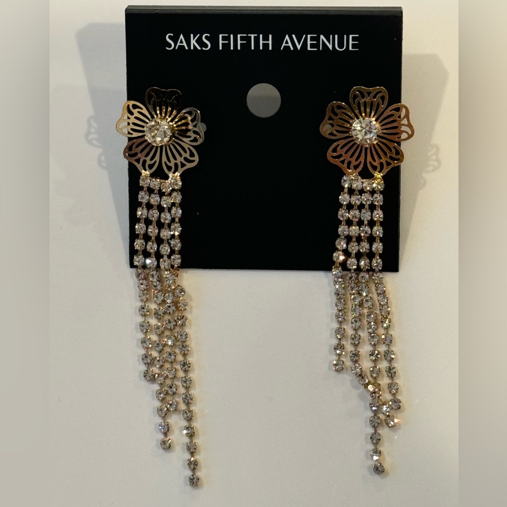 Saks Fifth Avenue Gold Tone Filigree Flower With Crystals Dangling Post Earrings